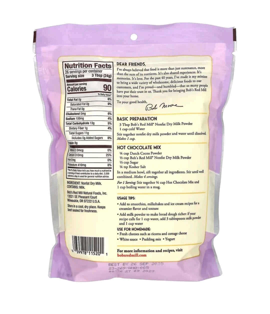 Leite em pó desnatado Bob's Red Mill,624g