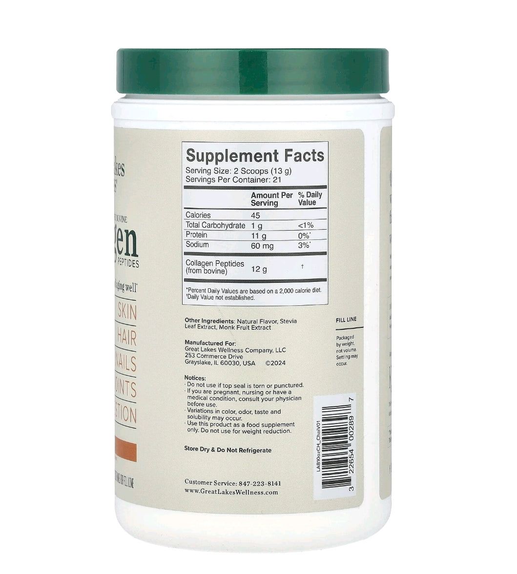 Great Lakes Wellness – Peptídeos de Colágeno Hidrolisado (Sabor Baunilha ou Chocolate) 284g