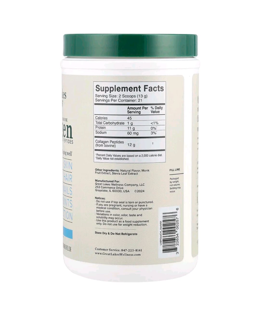 Great Lakes Wellness – Peptídeos de Colágeno Hidrolisado (Sabor Baunilha ou Chocolate) 284g