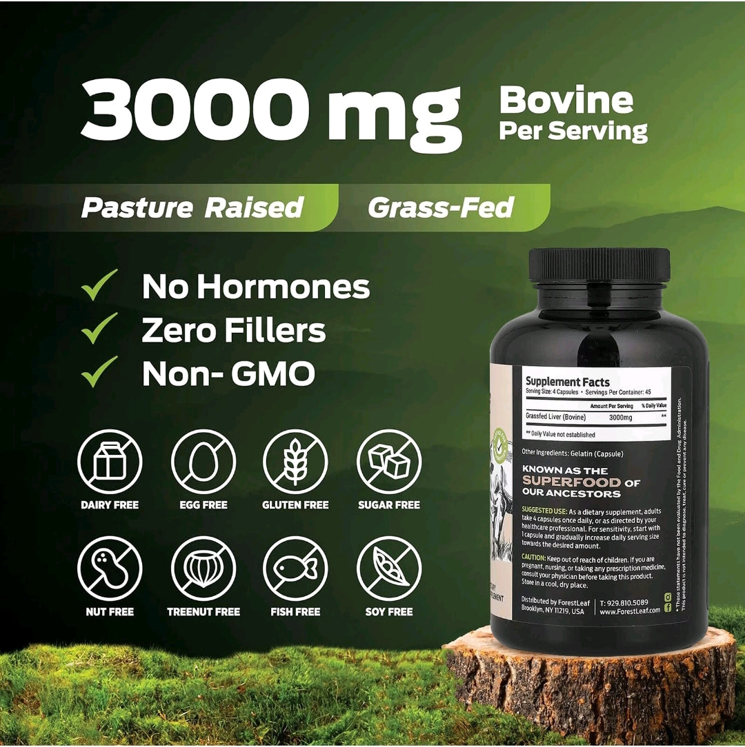 Fígado Bovino de Gado Criado no Pasto, 180 Cápsulas (750 mg por Cápsula)