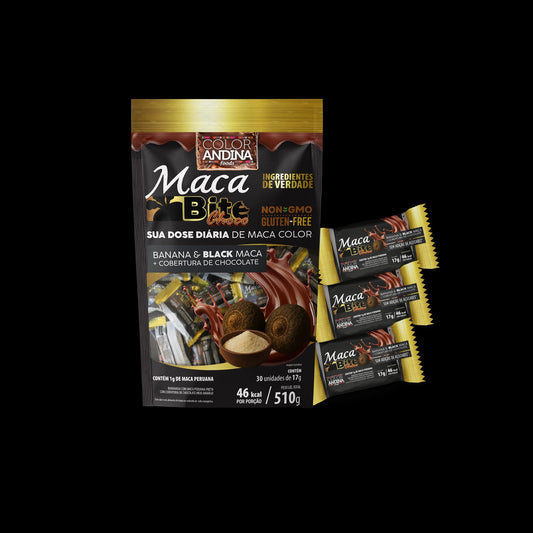 Maca Bite Black Choc – snack de banana com maca black e cobertura de chocolate | Color Andina