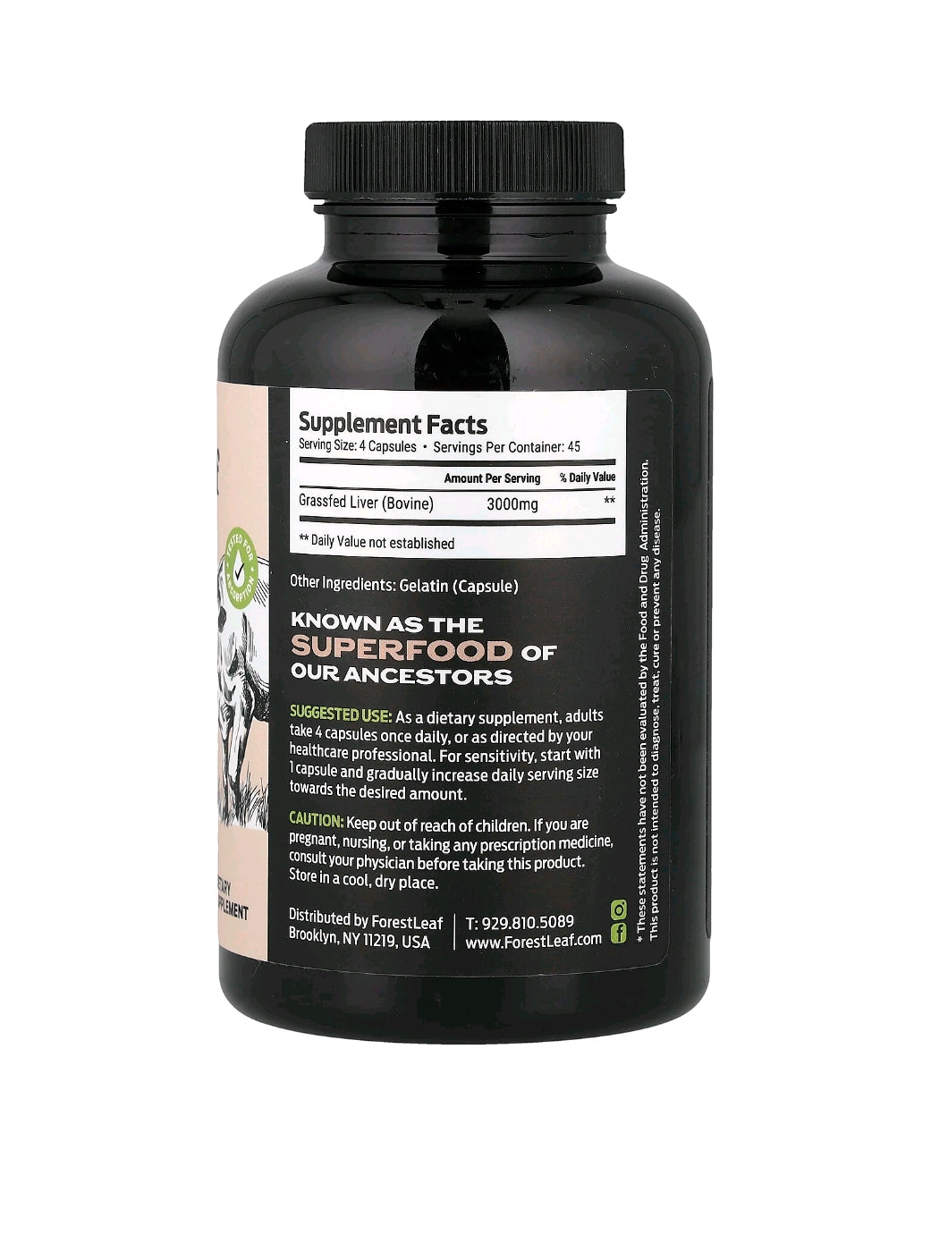 Fígado Bovino de Gado Criado no Pasto, 180 Cápsulas (750 mg por Cápsula)